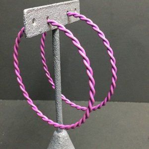 Large Hoop Pierced Earrings Purple Enamel Twist Latch Retro BoHo Barbie Soft
